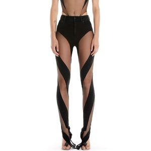 NEW MUGLER Contrast Tulle & Denim Fitted Jeans - Black